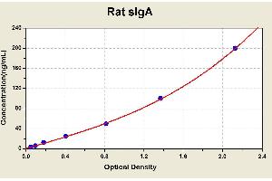 Diagramm of the ELISA kit to detect Rat s1 gAwith the optical density on the x-axis and the concentration on the y-axis. (IgA Secretory Component ELISA 试剂盒)