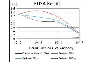 Black line: Control Antigen (100 ng), Purple line: Antigen(10 ng), Blue line: Antigen (50 ng), Red line: Antigen (100 ng), (CD38 抗体  (AA 43-300))