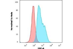 Flow Cytometric Analysis of Ramos cells using CD22 Mouse Monoclonal Antibody (RFB4) followed by goat anti-Mouse IgG-CF488 (Blue); Isotype Control (Red). (CD22 抗体)