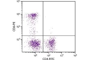 Feline peripheral blood lymphocytes were stained with Mouse Anti-Feline CD4-FITC. (CD4 抗体  (FITC))