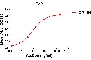 ELISA plate pre-coated by 1 μg/mL (100 μL/well) Human FAP protein, His tagged protein ABIN7092782, ABIN7272372 and ABIN7272373 can bind Rabbit anti-FAP monoclonal antibody (clone: DM154) in a linear range of 1-500 ng/mL. (FAP 抗体  (AA 30-760))