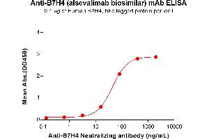 ELISA plate pre-coated by 1 μg/mL (100 μL/well) Human B7-H4, hFc-His tagged protein (ABIN7092667, ABIN7272202 and ABIN7272203) can bind Anti-B7-H4 Neutralizing antibody (ABIN7093089 and ABIN7272619) in a linear range of 3. (Recombinant B7-H4 (Alsevalimab Biosimilar) 抗体)