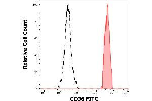 Separation of human monocytes (red-filled) from CD36 negative lymphocytes (black-dashed) in flow cytometry analysis (surface staining) of human peripheral whole blood stained using anti-human CD36 (TR9) FITC antibody (20 μL reagent / 100 μL of peripheral whole blood). (CD36 抗体  (FITC))