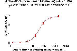 ELISA plate pre-coated by 2 μg/mL (100 μL/well) Human 4-1BB, mFc-His tagged protein ABIN6961084, ABIN7042197 and ABIN7042198 can bind Anti-4-1BB Neutralizing antibody (ABIN7093056 and ABIN7272586) in a linear range of 3. (Recombinant 4-1BB (Utomilumab Biosimilar) 抗体)