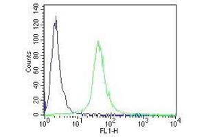 Flow Cytometry analysis of paraformaldehyde fixed Jurkat using ABIN1049505 at 10ug/ml in green and negative control goat IgG at 0. (CD34 抗体  (C-Term))