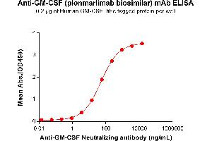 ELISA plate pre-coated by 2 μg/mL (100 μL/well) Human GM-CSF Protein, hFc Tag (ABIN7092727, ABIN7272292 and ABIN7272293) can bind Anti-GM-CSF Neutralizing antibody (ABIN7478022 and ABIN7490990) in a linear range of 0. (Recombinant GM-CSF (Plonmarlimab Biosimilar) 抗体)