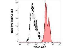 Separation of human CD43 positive lymphocytes (red-filled) from CD43 negative lymphocytes (black-dashed) in flow cytometry analysis (surface staining) of human peripheral whole blood stained using anti-human CD43 (MEM-59) APC antibody (10 μL reagent / 100 μL of peripheral whole blood). (CD43 抗体  (APC))