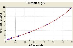 Diagramm of the ELISA kit to detect Human s1 gAwith the optical density on the x-axis and the concentration on the y-axis. (IgA Secretory Component ELISA 试剂盒)