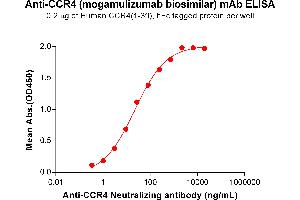 ELISA plate pre-coated by 2 μg/mL (100 μL/well) Human (1-39) Protein, hFc Tag (ABIN6964144, ABIN7042567 and ABIN7042568) can bind Anti- Neutralizing antibody (ABIN7455960 and ABIN7490918) in a linear range of 1. (CCR4 (Mogamulizumab Biosimilar) 抗体)