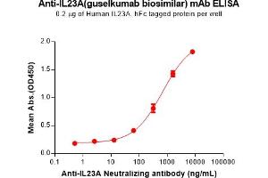 ELISA plate pre-coated by 2 μg/mL (100 μL/well) Human IL23A Protein, hFc Tag (ABIN7455730, ABIN7491310 and ABIN7491311) can bind Anti-IL23A(guselkumab biosimilar) mAb ((ABIN7538767)) in a linear range of 64-8000 ng/mL. (IL23A (Guselkumab Biosimilar) 抗体  (Glu239Asp-Mutant, Met241Leu-Mutant))