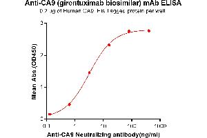 ELISA plate pre-coated by 2 μg/mL (100 μL/well) Human CA9, His tagged protein ABIN6964087, ABIN7042429 and ABIN7042430 can bind Anti-CA9 Neutralizing antibody (ABIN7093059 and ABIN7272589) in a linear range of 0. (Recombinant CA9 (Girentuximab Biosimilar) 抗体)