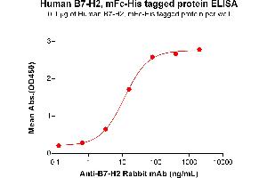 ELISA plate pre-coated by 1 μg/mL (100 μL/well) Human B7-H2 Protein, mFc-His Tag (ABIN6961102, ABIN7042233 and ABIN7042234) can bind Anti-B7-H2 Rabbit mAb in a linear range of 3. (ICOSLG Protein (AA 19-256) (mFc-His Tag))