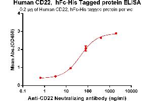ELISA plate pre-coated by 2 μg/mL (100 μL/well) Human CD22, hFc-His tagged protein (ABIN6961078, ABIN7042185 and ABIN7042186) can bind Anti-CD22 Neutralizing antibody ABIN7093048 and ABIN7272578 in a linear range of 3. (CD22 Protein (AA 20-687) (Fc-His Tag))