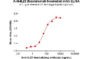 ELISA plate pre-coated by 2 μg/mL (100 μL/well) Human IL22 Protein, hFc Tag (ABIN7092806, ABIN7272420 and ABIN7272421) can bind Anti-IL22 Neutralizing antibody (ABIN7478010 and ABIN7490952) in a linear range of 2. (Recombinant IL22 (Fezakinumab Biosimilar) 抗体)