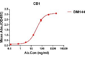 ELISA plate pre-coated by 1 μg/mL (100 μL/well) Human CB1 protein, hFc tagged protein ABIN6964092, ABIN7042439 and ABIN7042440 can bind Rabbit anti-CB1 monoclonal antibody (clone: DM144) in a linear range of 5-200 ng/mL. (CNR1 抗体  (AA 1-116))