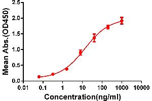 ELISA plate pre-coated by 2 μg/mL (100 μL/well) Human CD33 protein, hFc-His tagged protein ABIN6961110, ABIN7042249 and ABIN7042250 can bind Rabbit anti-CD33 monoclonal antibody  (clone: DM77) in a linear range of 1-100 ng/mL. (CD33 抗体  (AA 18-269))