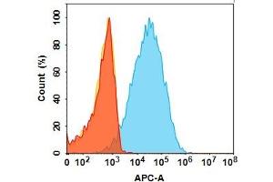 Flow cytometry analysis with 1μg/mL Anti-CGRPR(Erenumab biosimilar) mAb ((ABIN7538756)) on Expi293 cells transfected with Human CGRPR&R protein (Blue histogram) and Expi293 transfected with Human CGRPR protein (Red histogram) ) or Human R protein(Orange histogram). (CALCRL (Erenumab Biosimilar) 抗体)